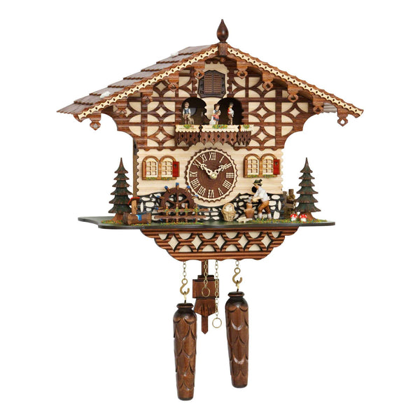 Chalet style quartz cuckoo clock with moving wood chopper & mill wheel