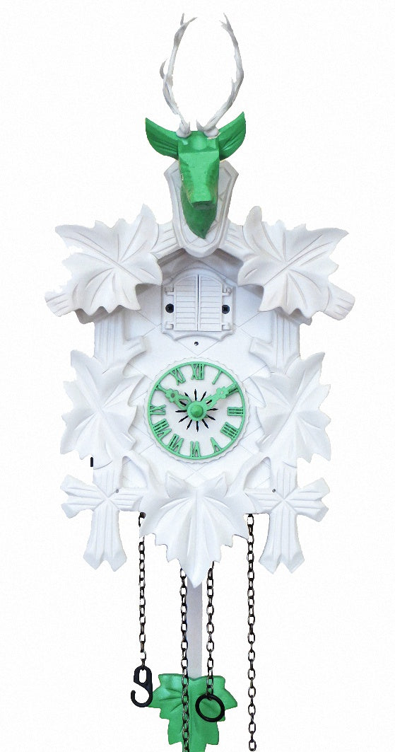 Carved batterypowered cuckoo clock with deer head and five maples lea