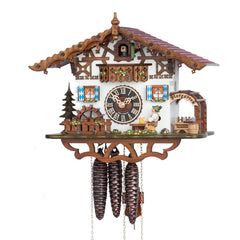 1-day musical (playing 'Trink Brüderlein Trink') chalet cuckoo clock with moving beer drinker and water wheel by Trenkle Uhren