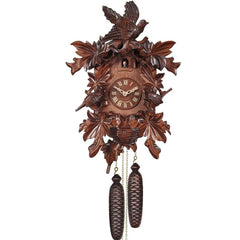 Carved 1-day cuckoo clock with cuckoo birds and carved leaves (Varnished wood) 42 cm by Engstler