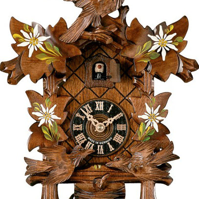  Cuckoo Clock - Carved 1-day cuckoo clock with feeding birds, four leaves, and painted edelweiss flowers 32cm by Hönes - Cuckoo Collections