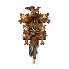  Cuckoo Clock - Carved 1-day cuckoo clock with feeding birds, four leaves, and painted edelweiss flowers 32cm by Hönes - Cuckoo Collections