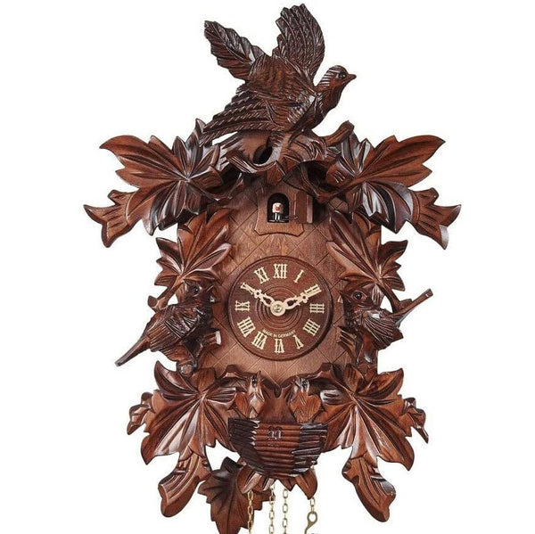 Carved 8-day cuckoo clock with cuckoo birds and carved leaves (Varnished wood) 43 cm by Engstler
