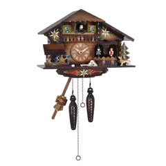 Chalet-style Black Forest battery-powered musical cuckoo clock with moving dancers and watermill-wheel 23 cm by Engstler