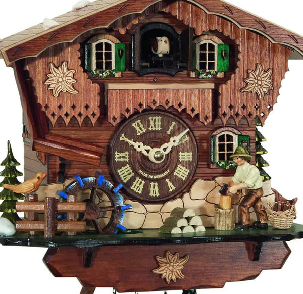 Chalet-style Black Forest battery-powered musical cuckoo clock with wood cutter and mill-wheel 23 cm by Engstler