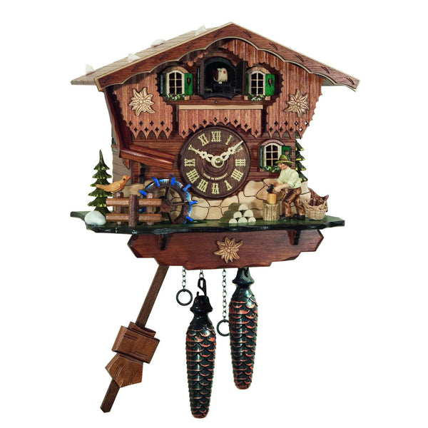 Chalet-style Black Forest battery-powered musical cuckoo clock with wood cutter and mill-wheel 23 cm by Engstler