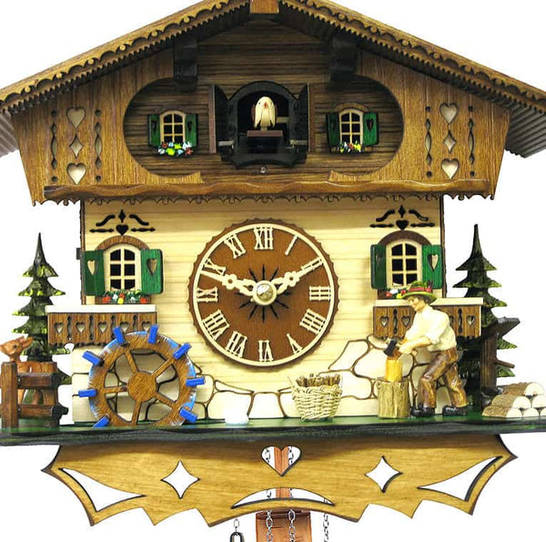 Chalet-style Black Forest battery-powered musical cuckoo clock with wood cutter and mill-wheel 25 cm by Engstler