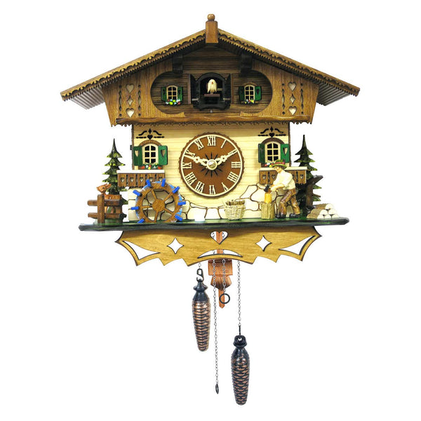 Chalet-style Black Forest battery-powered musical cuckoo clock with wood cutter and mill-wheel 25 cm by Engstler