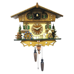Chalet-style Black Forest battery-powered musical cuckoo clock with wood cutter and mill-wheel 25 cm by Engstler