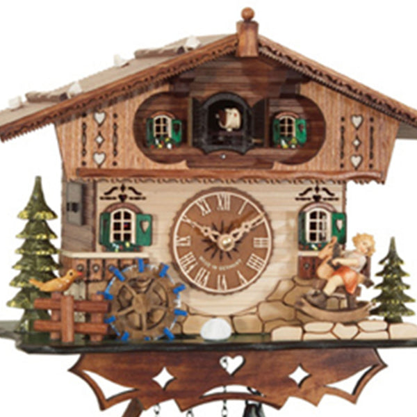 Chalet Style Black Forest 1-day cuckoo clock with moving girl on rocking horse & waterwheel with music 25 cm by Engstler