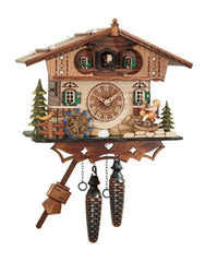 Chalet Style Black Forest 1-day cuckoo clock with moving girl on rocking horse & waterwheel with music 25 cm by Engstler