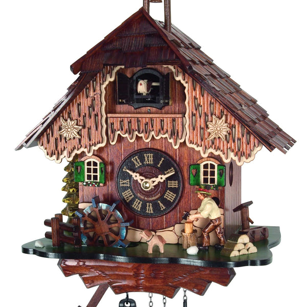 Chalet-style Black Forest battery-powered musical cuckoo clock with wood cutter and mill-wheel 35 cm by Engstler