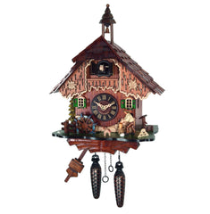 Chalet-style Black Forest battery-powered musical cuckoo clock with wood cutter and mill-wheel 35 cm by Engstler