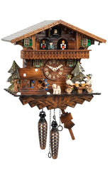 Chalet-style Black Forest battery-powered musical cuckoo clock with moving dancers, watermill-wheel, and beer-drinker 26 cm by Engstler