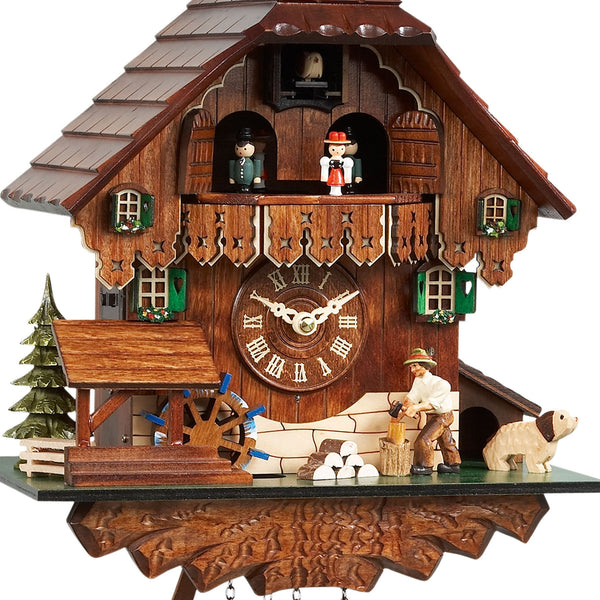 Chalet-style Black Forest battery-powered musical cuckoo clock with moving dancers, watermill-wheel, and wood-chopper 35 cm by Engstler