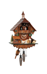 Chalet-style Black Forest battery-powered musical cuckoo clock with moving dancers, watermill-wheel, and wood-chopper 35 cm by Engstler