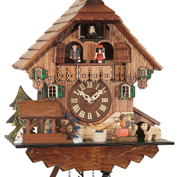Chalet-style Black Forest battery-powered musical cuckoo clock with moving dancers, watermill-wheel, and kissing-lovers 35 cm by Engstler