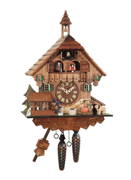Chalet-style Black Forest battery-powered musical cuckoo clock with moving dancers, watermill-wheel, and kissing-lovers 35 cm by Engstler