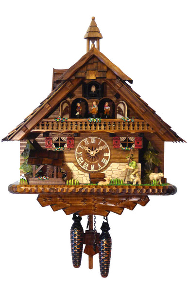 Chalet Style Black Forest 1-day musical cuckoo clock with moving mountain wanderer, moving dancers 43 cm by Engstler