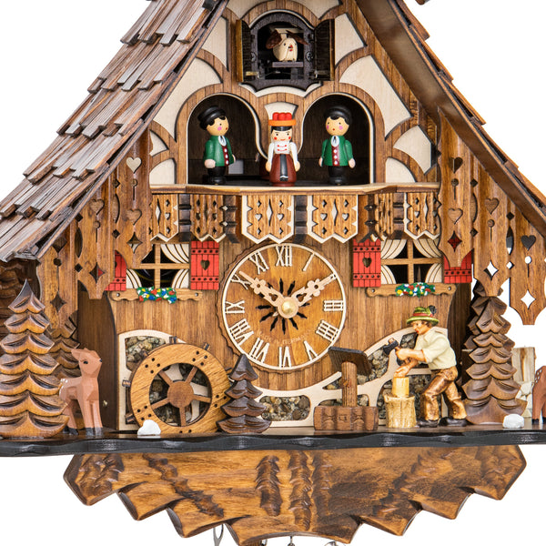 Chalet-style Black Forest battery-powered musical cuckoo clock with moving dancers and wood-chopper 37 cm by Engstler