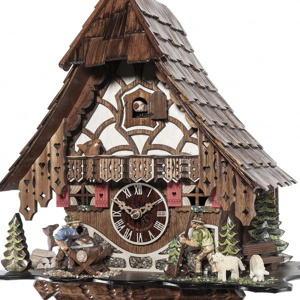 Chalet style 8-day Black Forest cuckoo clock with moving wood-chopper and mountain walker 37 cm by Engstler