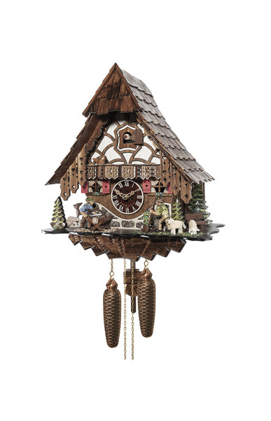Chalet style 8-day Black Forest cuckoo clock with moving wood-chopper and mountain walker 37 cm by Engstler