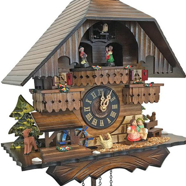 Chalet-style Black Forest battery-powered musical cuckoo clock with moving dancers, watermill-wheel, and kissing-lovers 33 cm by Engstler
