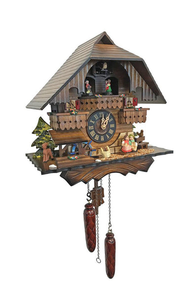 Chalet-style Black Forest battery-powered musical cuckoo clock with moving dancers, watermill-wheel, and kissing-lovers 33 cm by Engstler