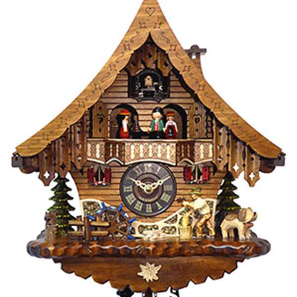 Chalet-style Black Forest battery-powered musical cuckoo clock with moving dancers and wood-chopper 33.5 cm by Engstler