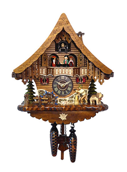 Chalet-style Black Forest battery-powered musical cuckoo clock with moving dancers and wood-chopper 33.5 cm by Engstler