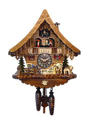 Chalet-style Black Forest battery-powered musical cuckoo clock with moving dancers and wood-chopper 33.5 cm by Engstler