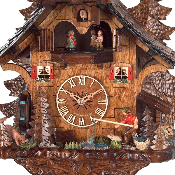 Chalet style 8-day Black Forest cuckoo clock with moving fisherman, mill-wheel, moving dancers and music 35 cm by Engstler