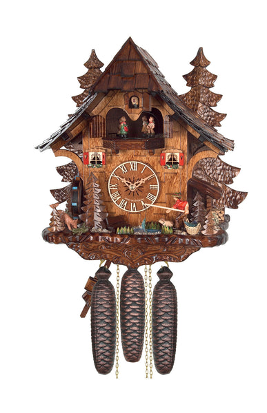 Chalet style 8-day Black Forest cuckoo clock with moving fisherman, mill-wheel, moving dancers and music 35 cm by Engstler