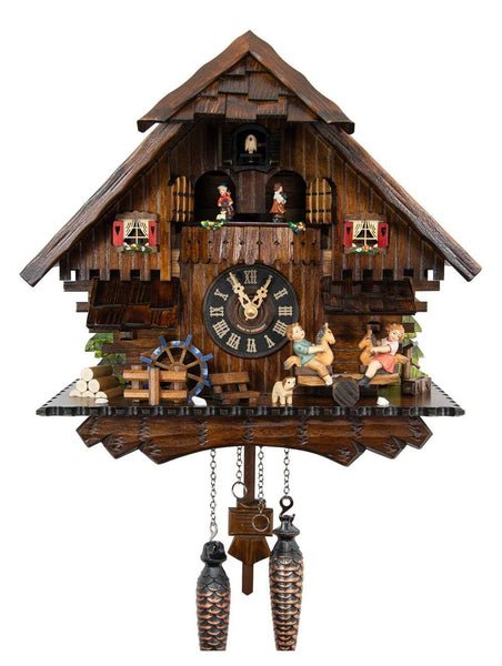 Chalet-style Black Forest battery-powered musical cuckoo clock with moving dancers, watermill-wheel, and see-saw 34 cm by Engstler