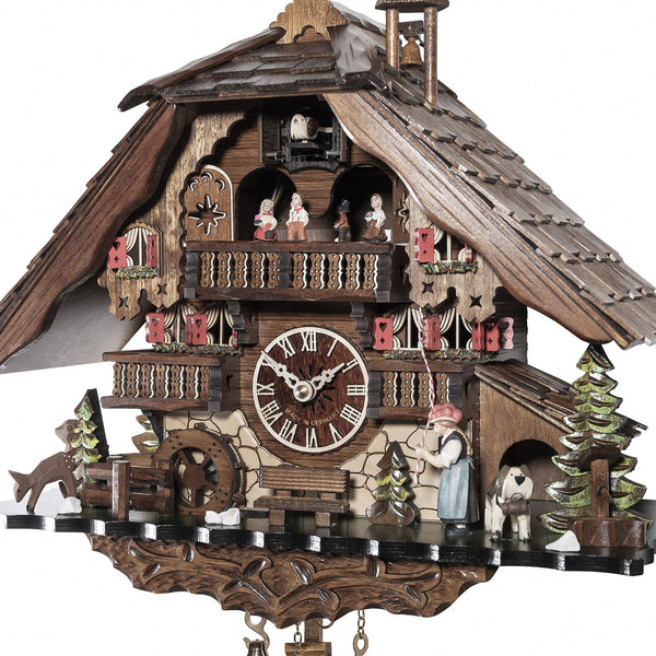 Chalet Style Black Forest 1-day musical cuckoo clock with moving dancers & bell ringer & waterwheel 40 cm by Engstler
