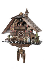 Chalet-style Black Forest battery-powered musical cuckoo clock with moving dancers, watermill-wheel, and bell-ringer 40 cm by Engstler