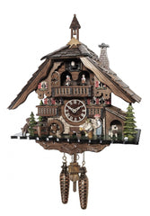 Chalet-style Black Forest battery-powered musical cuckoo clock with moving dancers, watermill-wheel, and beer-drinker 40 cm by Engstler