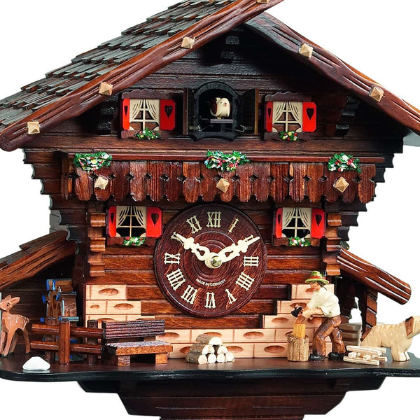 Chalet-style Black Forest battery-powered musical cuckoo clock with wood cutter and mill-wheel 30 cm by Engstler