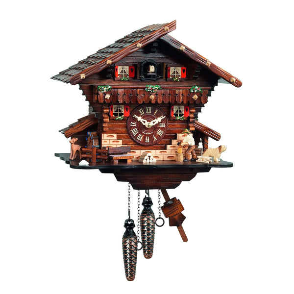 Chalet-style Black Forest battery-powered musical cuckoo clock with wood cutter and mill-wheel 30 cm by Engstler
