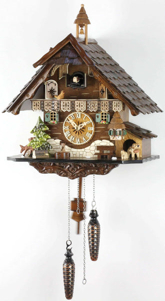 Chalet-style Black Forest battery-powered musical cuckoo clock with dog 42 cm by Engstler