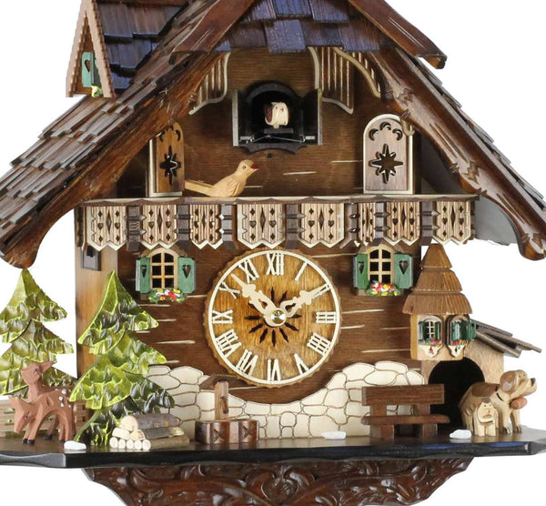 Chalet-style Black Forest battery-powered musical cuckoo clock with dog 42 cm by Engstler