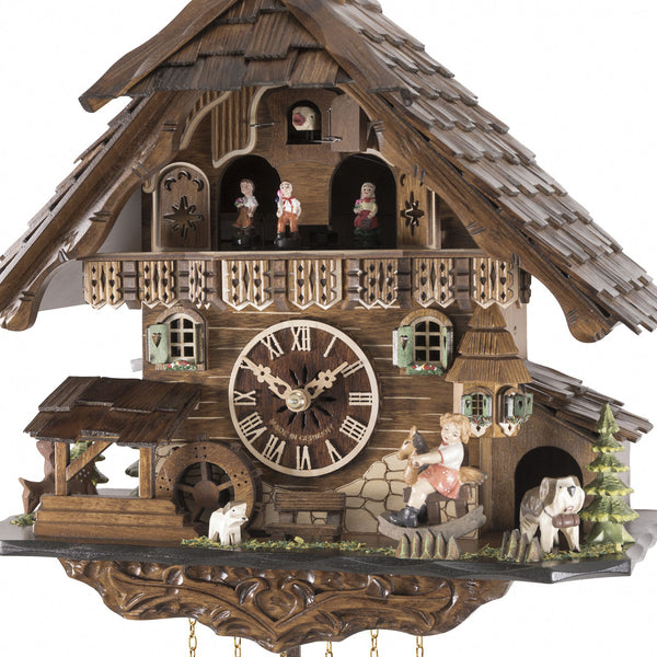 Chalet Style Black Forest 1-day musical cuckoo clock with moving girl on rocking horse, moving dancers 42 cm by Engstler