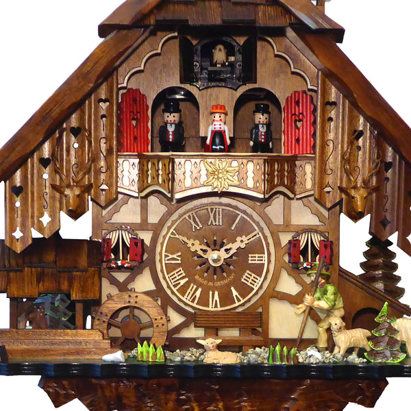 Chalet-style Black Forest battery-powered musical cuckoo clock with moving dancers and mountain explorer 35 cm by Engstler