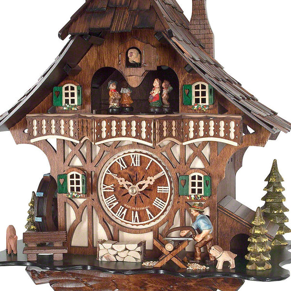 Chalet style 8-day Black Forest cuckoo clock with moving wood-cutters, moving dancers and music 36 cm by Engstler