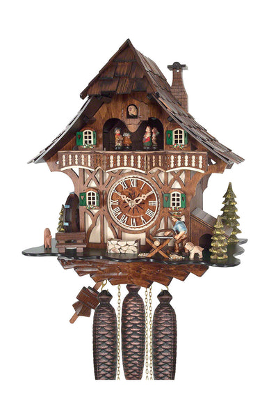 Chalet style 8-day Black Forest cuckoo clock with moving wood-cutters, moving dancers and music 36 cm by Engstler