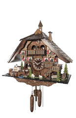 Chalet-style rustic Black Forest battery-powered musical cuckoo clock with two sets of moving trains 50 cm by Engstler