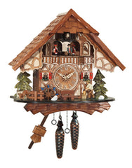 Chalet-style Black Forest battery-powered musical cuckoo clock with moving dancers, watermill-wheel, and wood-chopper 34 cm by Engstler