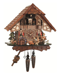 Chalet-style Black Forest battery-powered musical cuckoo clock with moving dancers, watermill-wheel, and see-saw 34 cm by Engstler