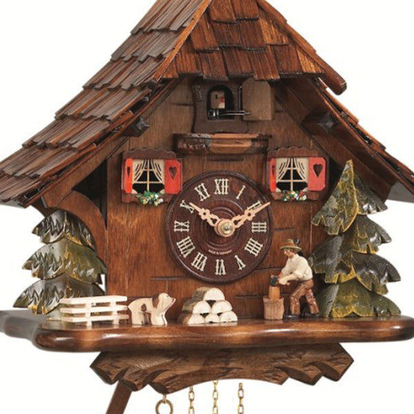 Chalet-style Black Forest 1-day musical cuckoo clock with moving dancers, watermill-wheel, and beer-drinker 35 cm by Engstler