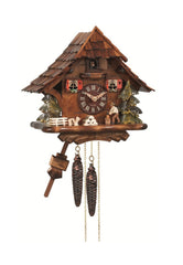 Chalet-style Black Forest 1-day musical cuckoo clock with moving dancers, watermill-wheel, and beer-drinker 35 cm by Engstler